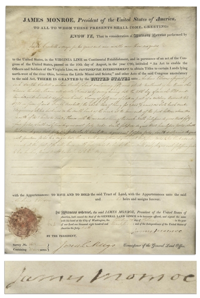 James Monroe Land Grant Signed as President, Awarding 50 Acres to a Military Veteran